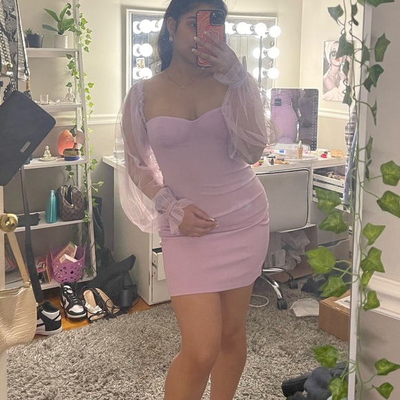 Purple Long Sheer Sleeve Bustier Bodycon Mini Dress - Picture 4 of 5